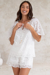 Haruki Top - Embroidered Short Sleeve Top with Scallop Hemlines in White