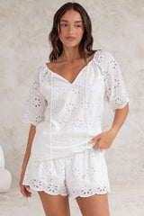 Haruki Top - Embroidered Short Sleeve Top with Scallop Hemlines in White
