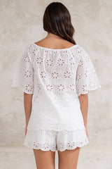 Haruki Top - Embroidered Short Sleeve Top with Scallop Hemlines in White