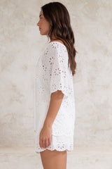 Haruki Top - Embroidered Short Sleeve Top with Scallop Hemlines in White