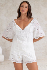 Haruki Top - Embroidered Short Sleeve Top with Scallop Hemlines in White