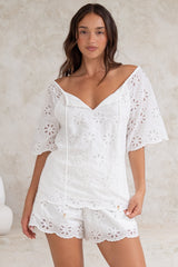 Haruki Top - Embroidered Short Sleeve Top with Scallop Hemlines in White
