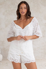 Haruki Top - Embroidered Short Sleeve Top with Scallop Hemlines in White