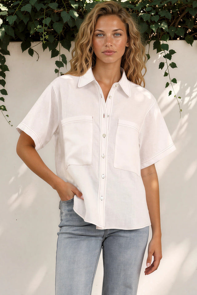 Model wearing Harvie Shirt in White from Salty Crush