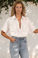 Model wearing Harvie Shirt in White from Salty Crush