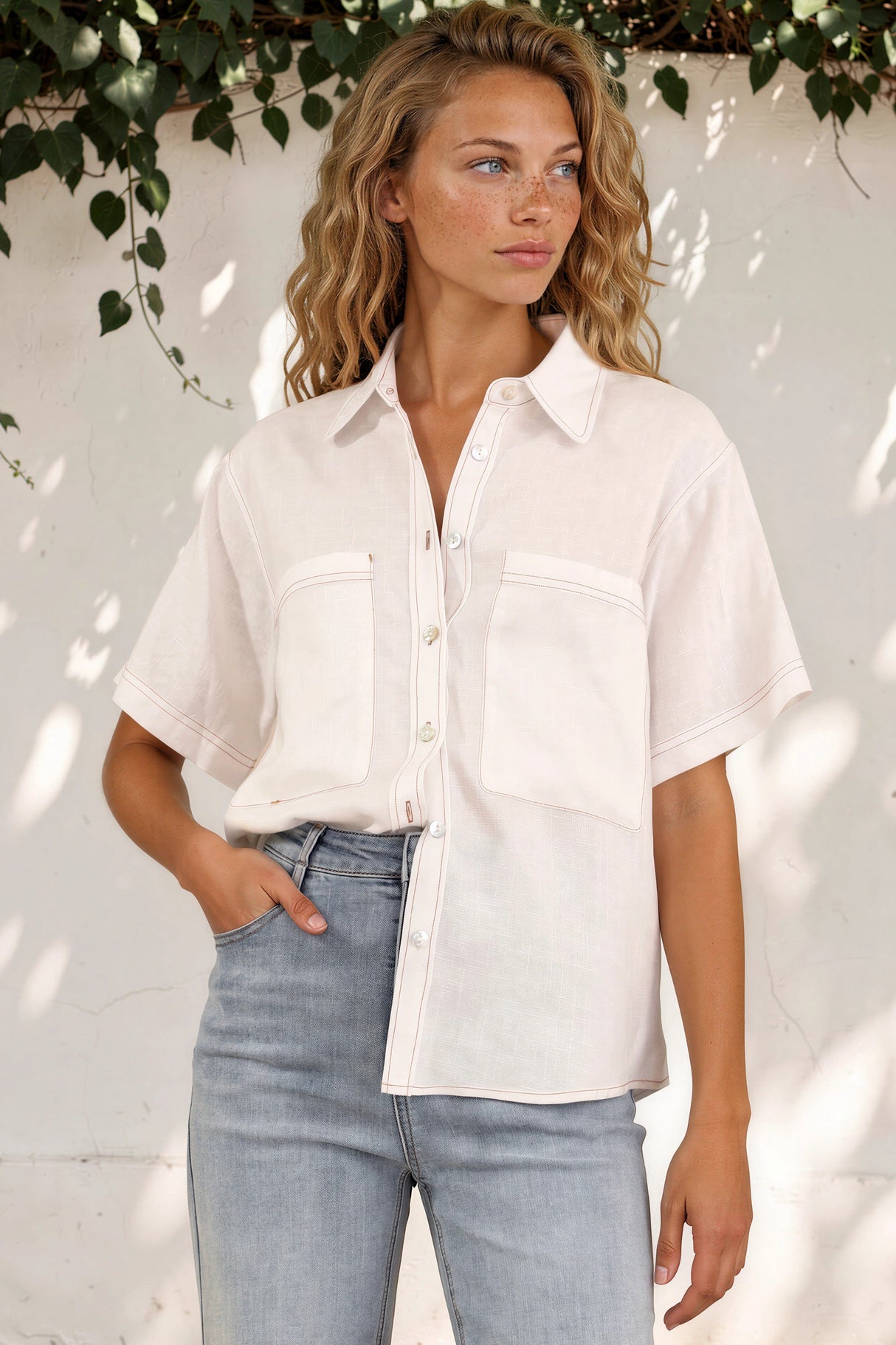 Model wearing Harvie Shirt in White from Salty Crush