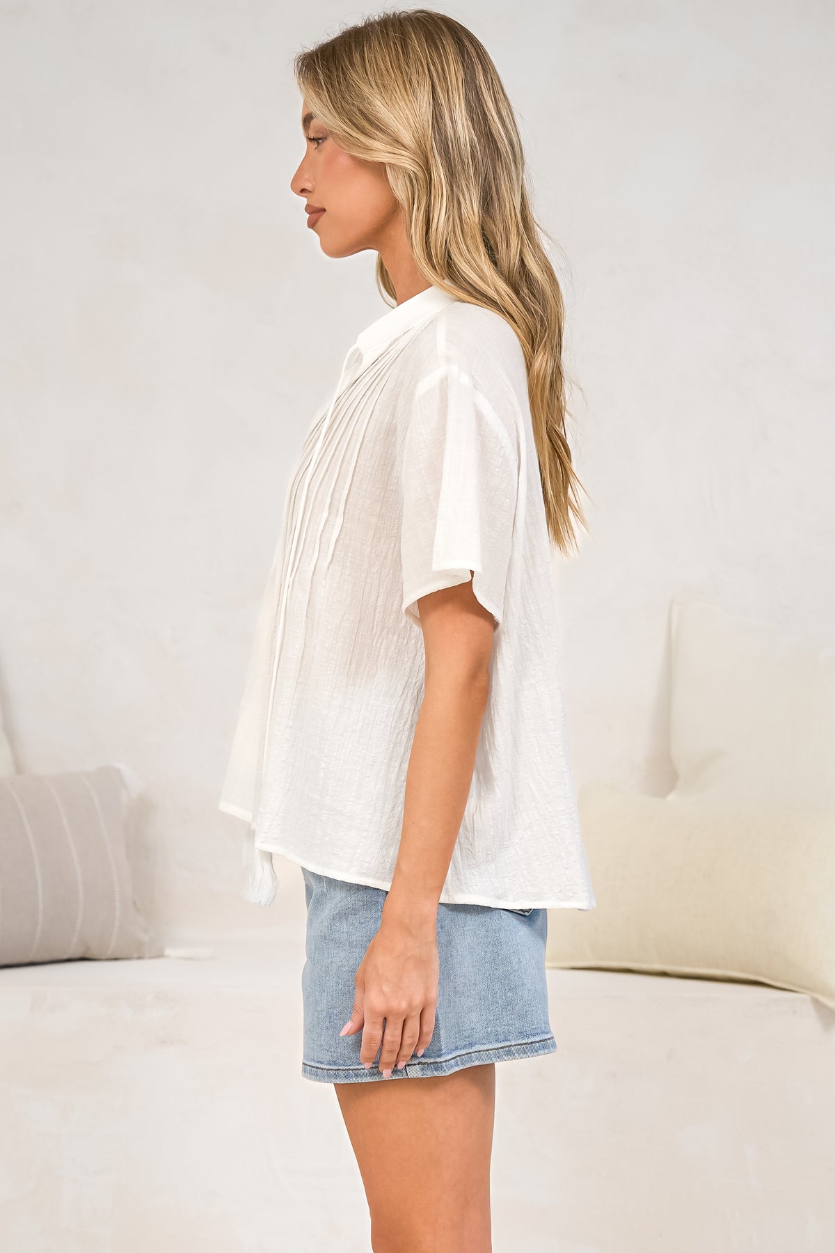 Havana Blouse - Pintuck Button Down Top with Flutter Sleeves and Neck Tie in White