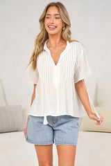 Havana Blouse - Pintuck Button Down Top with Flutter Sleeves and Neck Tie in White
