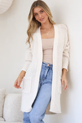 Haven Cardigan - Open Front Long Knit Cardigan with Pockets in Cream