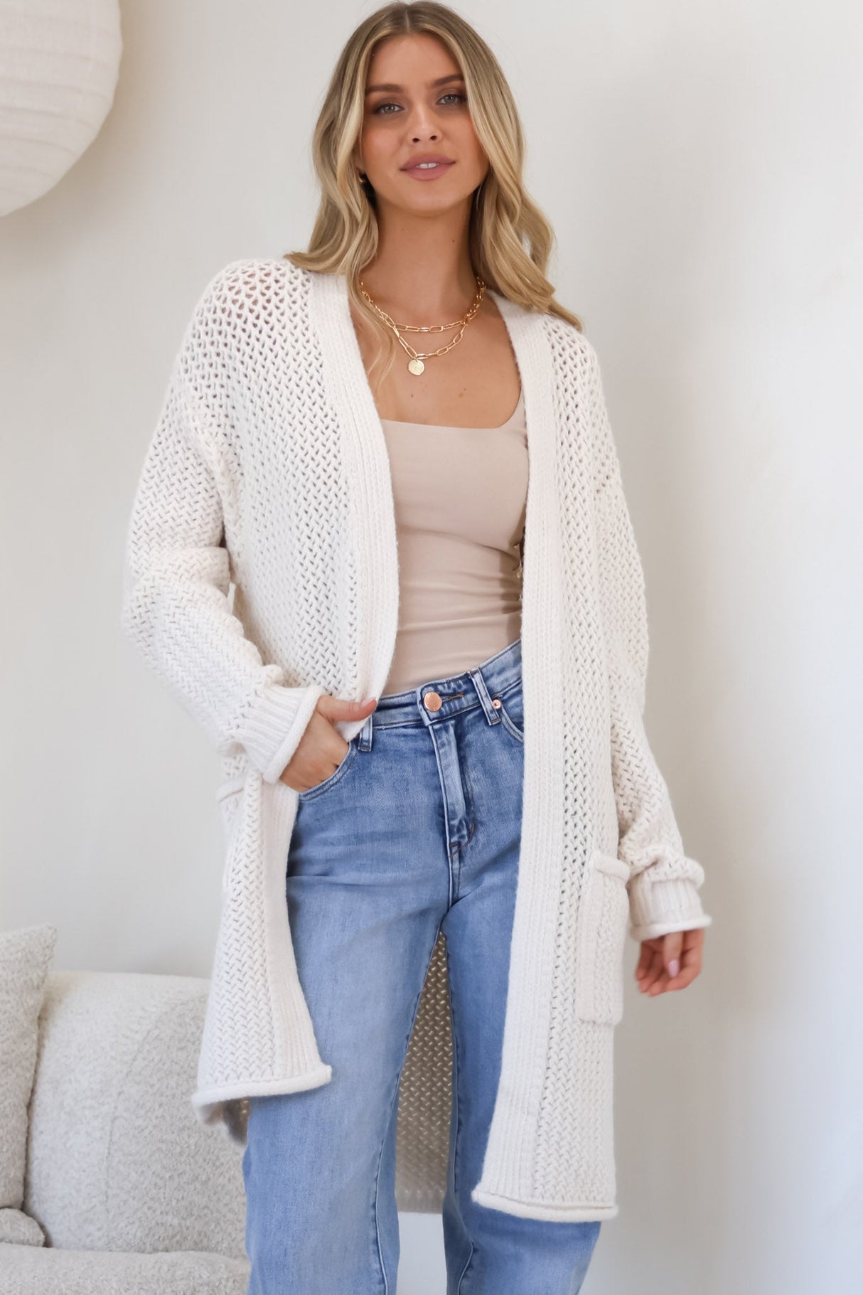 Haven Cardigan - Open Front Long Knit Cardigan with Pockets in Cream