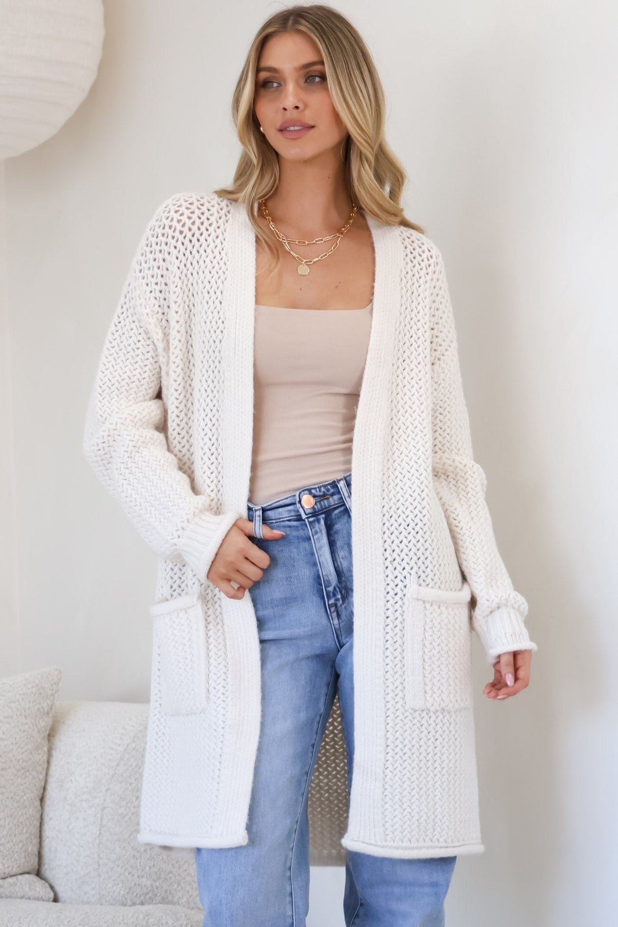 Haven Cardigan - Open Front Long Knit Cardigan with Pockets in Cream