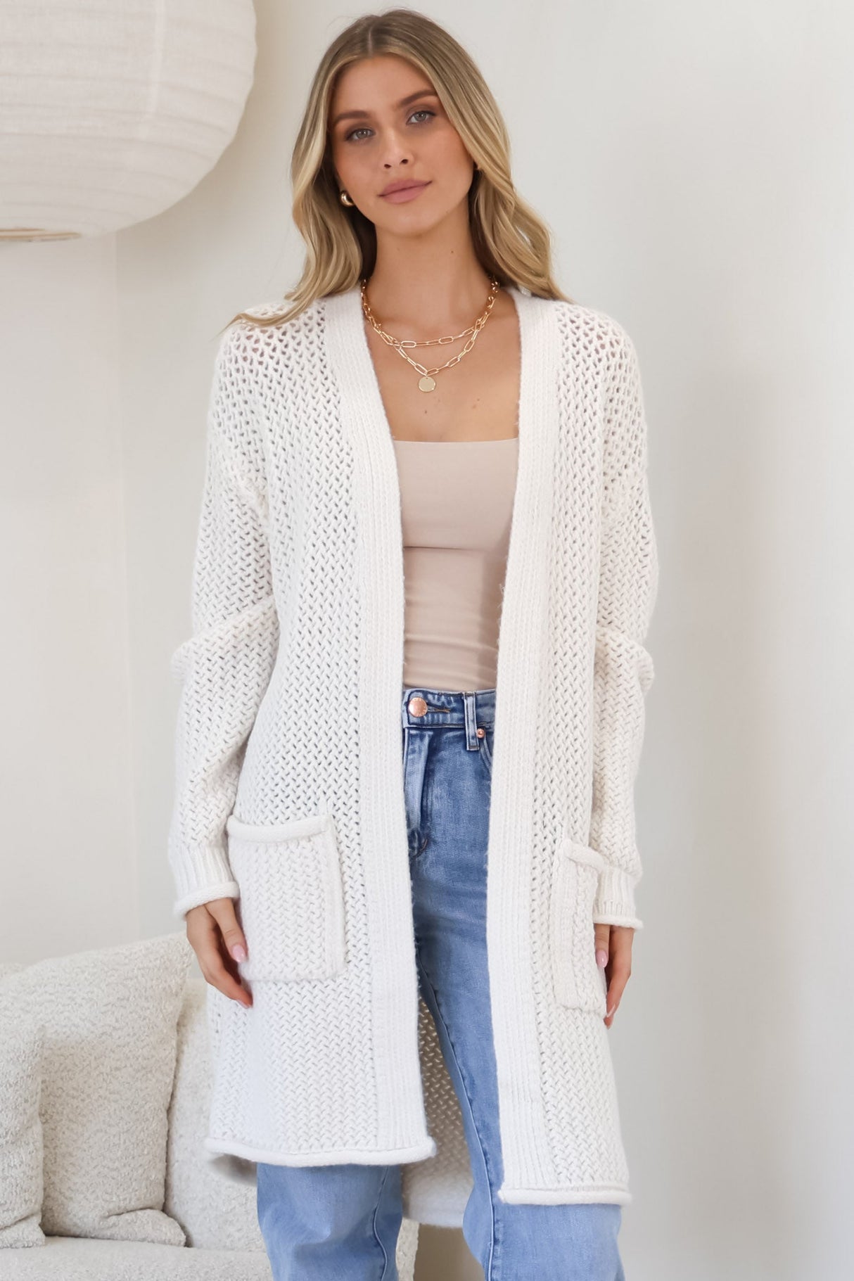 Haven Cardigan - Open Front Long Knit Cardigan with Pockets in Cream