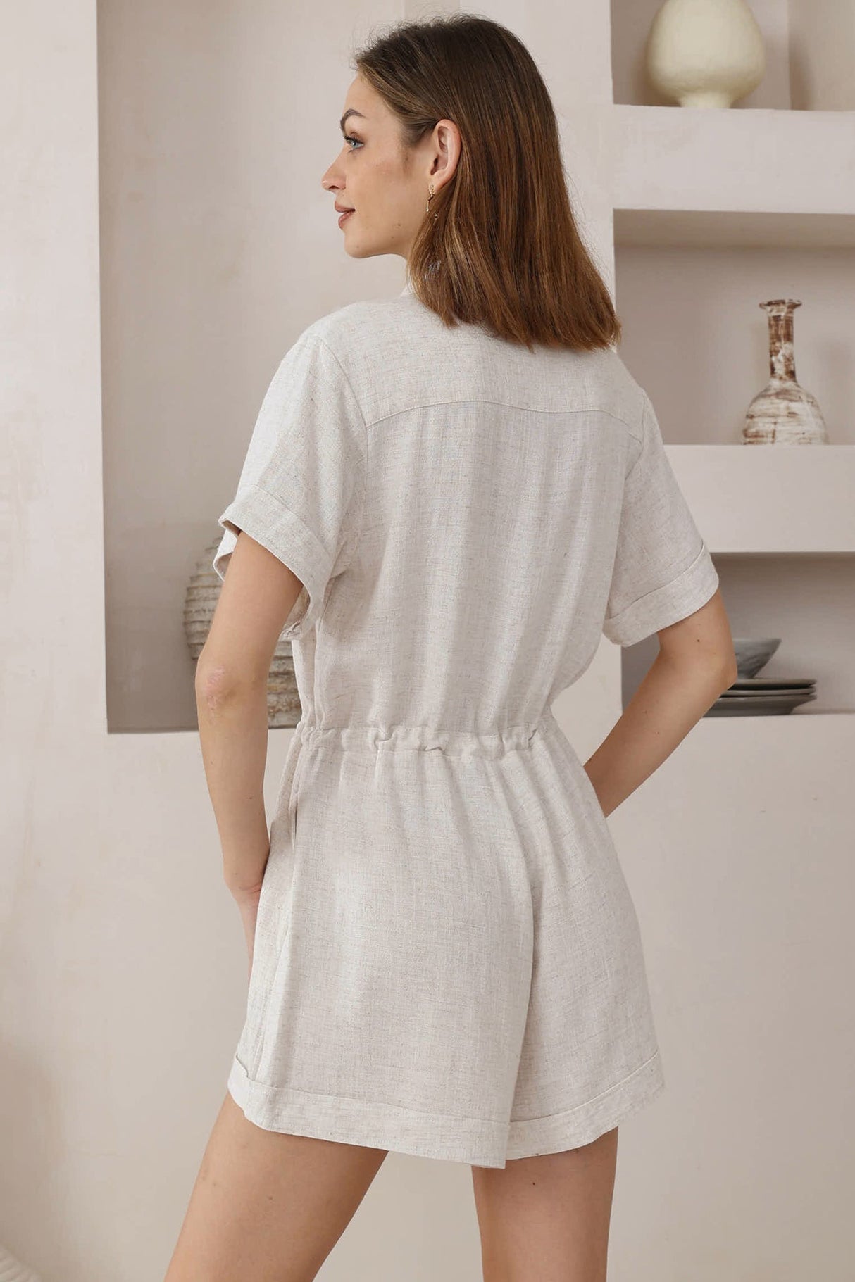 Hawken Playsuit - Collared Linen Blend Short Sleeve Playsuit in Beige