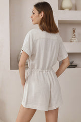 Hawken Playsuit - Collared Linen Blend Short Sleeve Playsuit in Beige