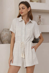 Hawken Playsuit - Collared Linen Blend Short Sleeve Playsuit in Beige