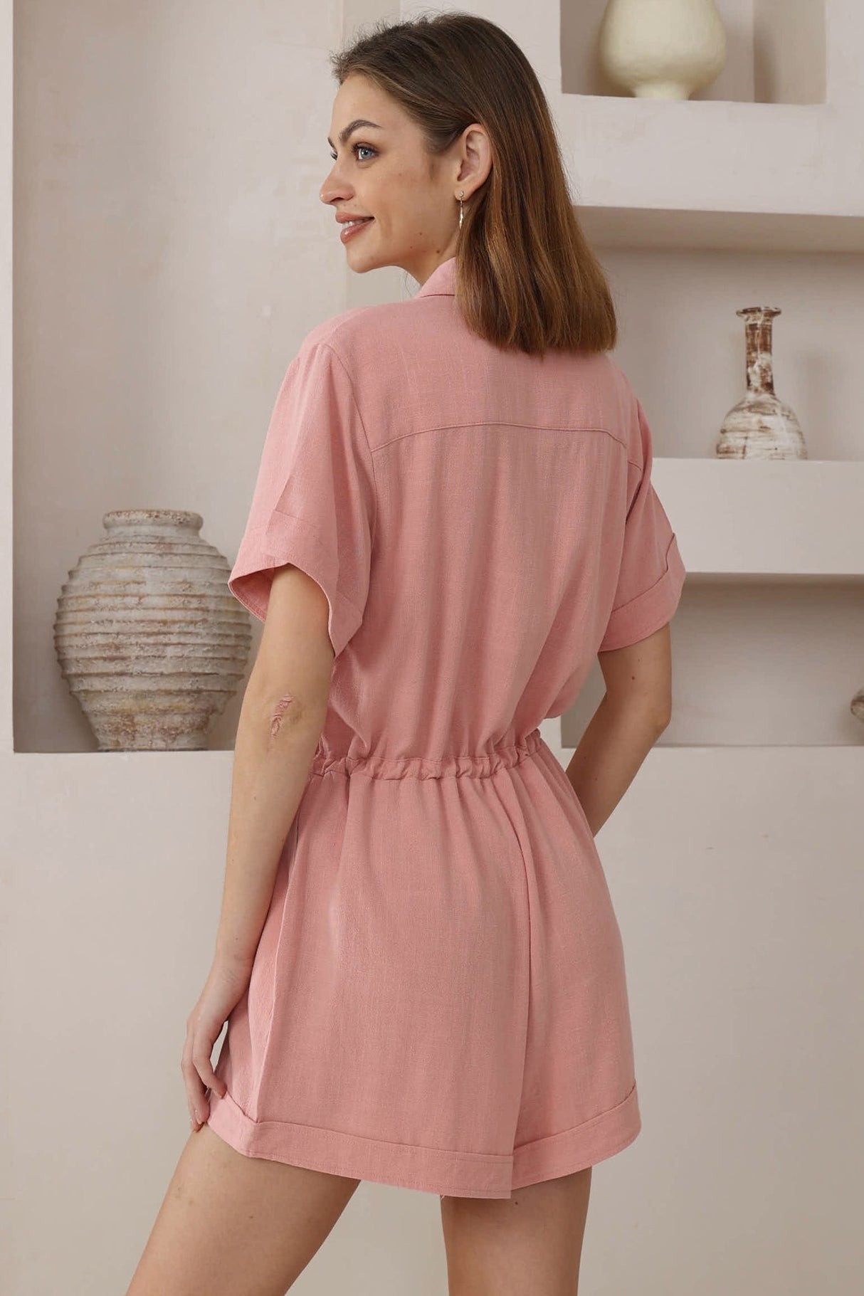 Hawken Playsuit - Collared Linen Blend Short Sleeve Playsuit in Pink