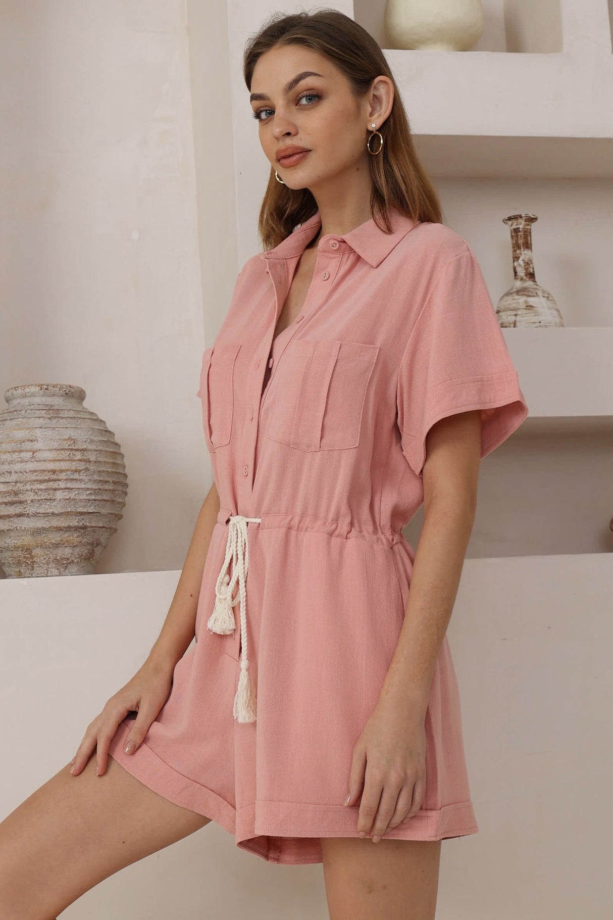 Hawken Playsuit - Collared Linen Blend Short Sleeve Playsuit in Pink