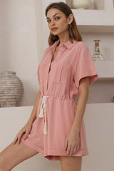 Hawken Playsuit - Collared Linen Blend Short Sleeve Playsuit in Pink