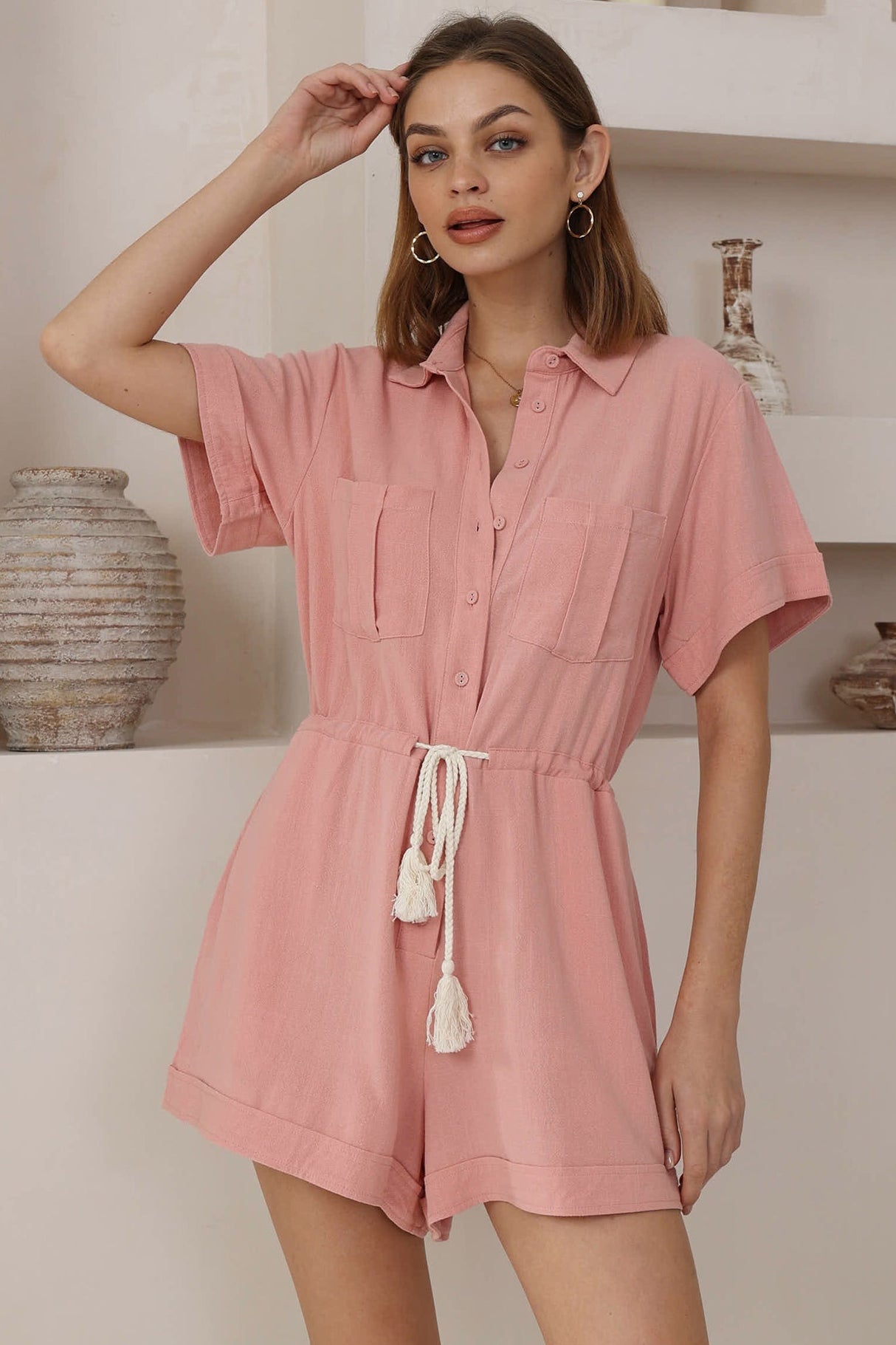 Hawken Playsuit - Collared Linen Blend Short Sleeve Playsuit in Pink