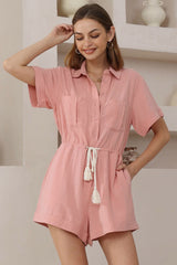 Hawken Playsuit - Collared Linen Blend Short Sleeve Playsuit in Pink
