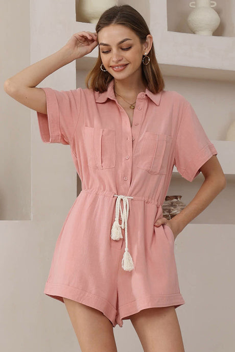 Hawken Playsuit - Collared Linen Blend Short Sleeve Playsuit in Pink