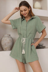 Hawken Playsuit - Collared Linen Blend Short Sleeve Playsuit in Sage