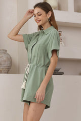 Hawken Playsuit - Collared Linen Blend Short Sleeve Playsuit in Sage