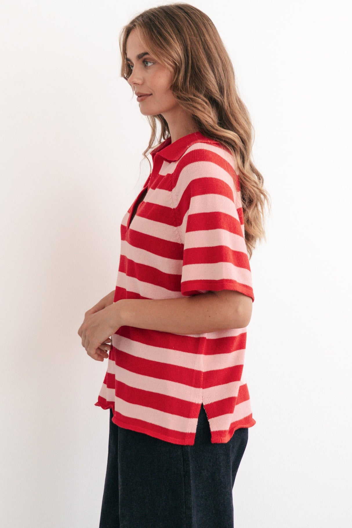 Hayes Stripe Knit Top - Relaxed Collared V Neck Knit Top in Pink/Red