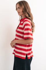 Hayes Stripe Knit Top - Relaxed Collared V Neck Knit Top in Pink/Red