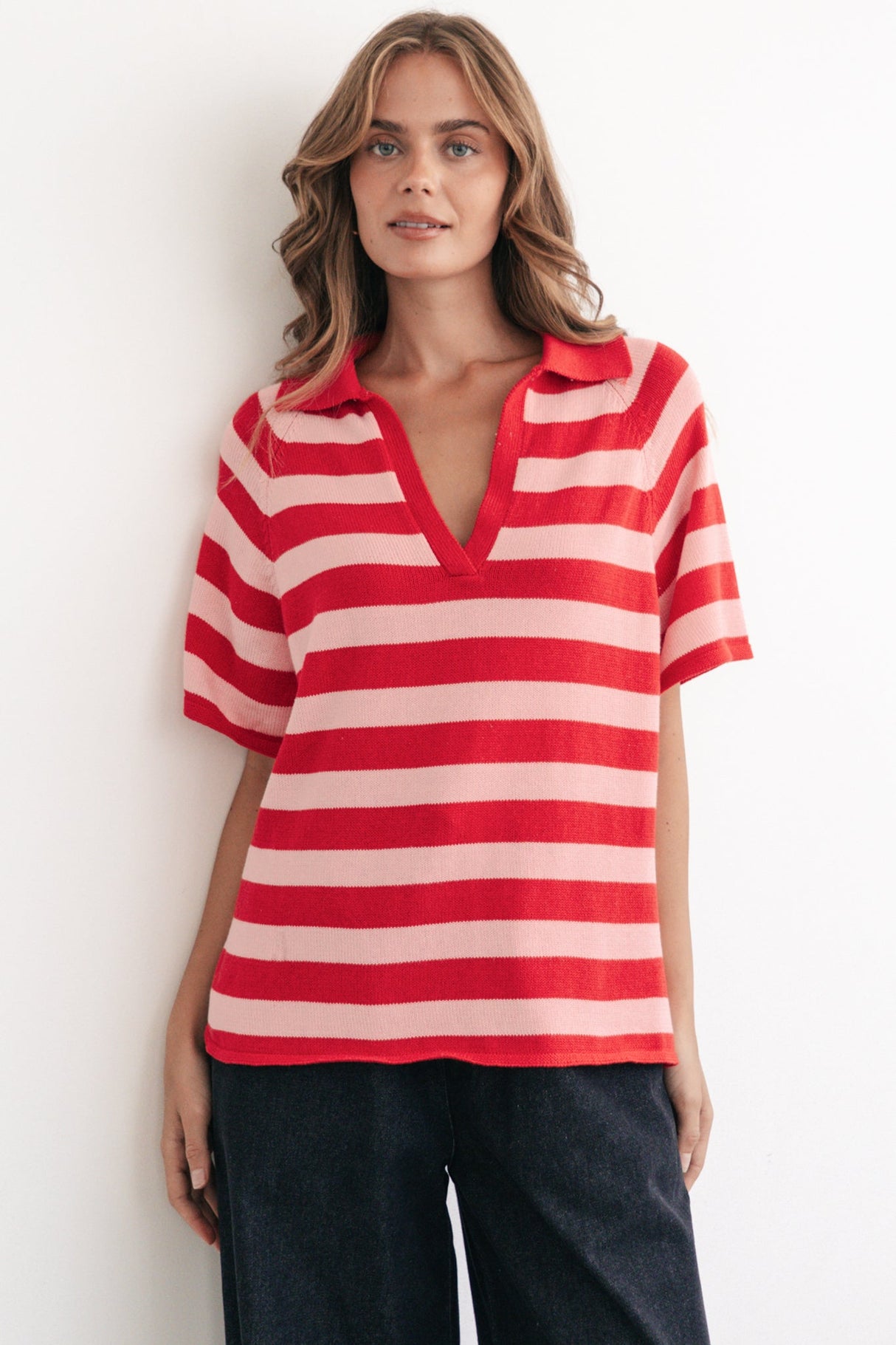 Hayes Stripe Knit Top - Relaxed Collared V Neck Knit Top in Pink/Red