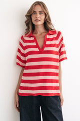 Hayes Stripe Knit Top - Relaxed Collared V Neck Knit Top in Pink/Red