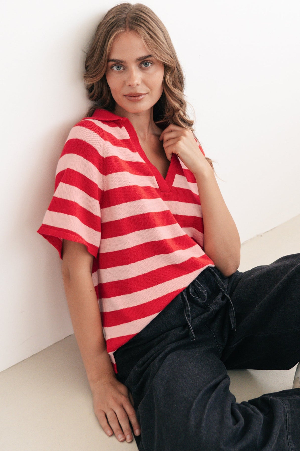 Hayes Stripe Knit Top - Relaxed Collared V Neck Knit Top in Pink/Red