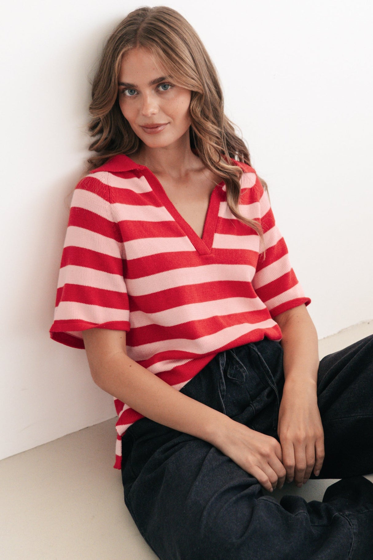Hayes Stripe Knit Top - Relaxed Collared V Neck Knit Top in Pink/Red
