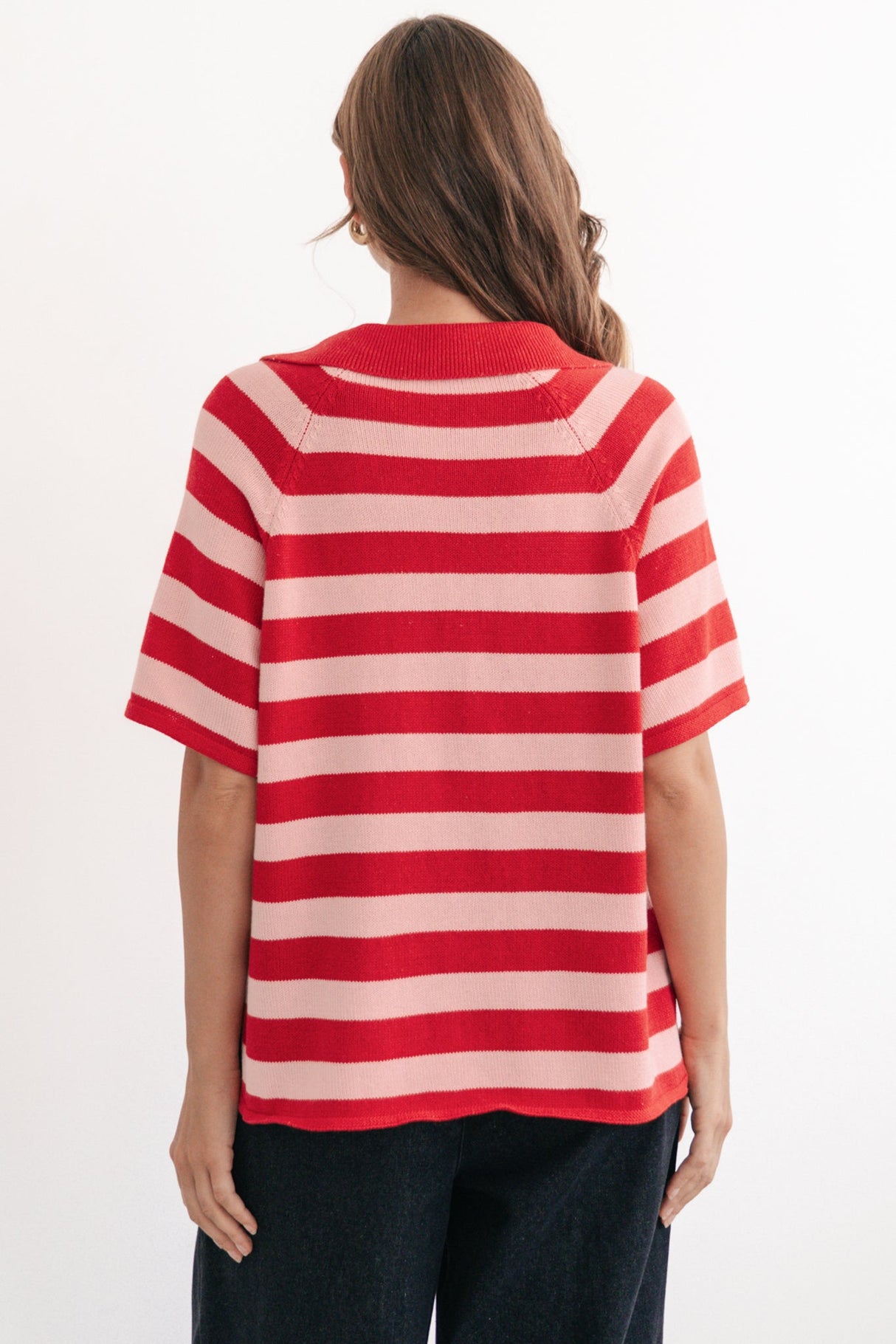 Hayes Stripe Knit Top - Relaxed Collared V Neck Knit Top in Pink/Red