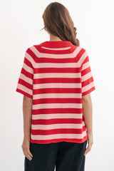 Hayes Stripe Knit Top - Relaxed Collared V Neck Knit Top in Pink/Red