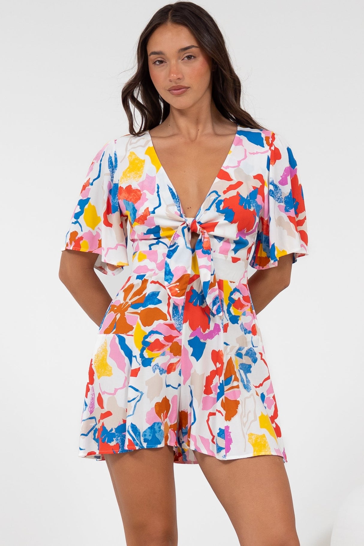 Hayleigh Playsuit - V-Neck Playsuit with Tie at Bust and Flutter Sleeves in Isadora Print