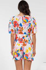 Hayleigh Playsuit - V-Neck Playsuit with Tie at Bust and Flutter Sleeves in Isadora Print