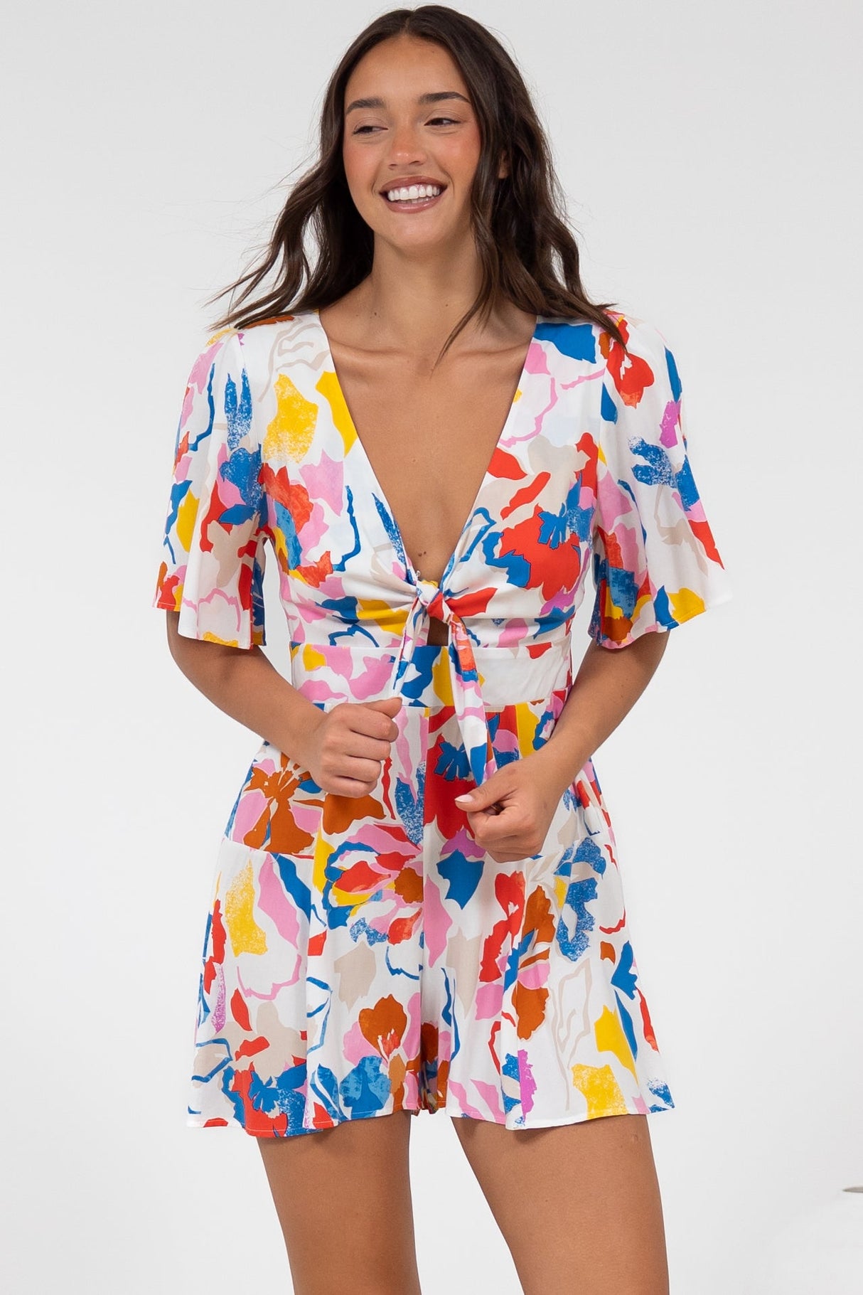 Hayleigh Playsuit - V-Neck Playsuit with Tie at Bust and Flutter Sleeves in Isadora Print
