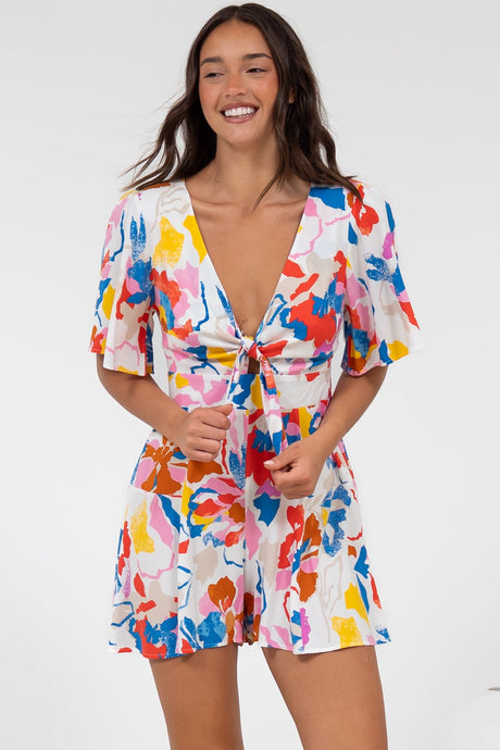 Hayleigh Playsuit - V-Neck Playsuit with Tie at Bust and Flutter Sleeves in Isadora Print