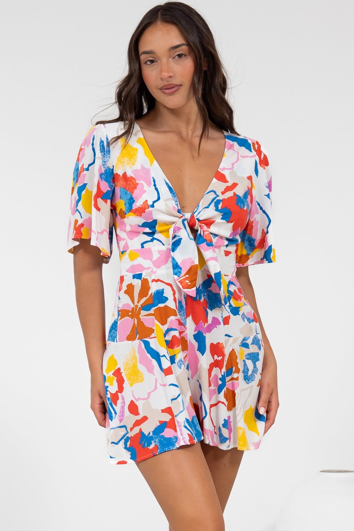 Hayleigh Playsuit - V-Neck Playsuit with Tie at Bust and Flutter Sleeves in Isadora Print