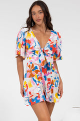 Hayleigh Playsuit - V-Neck Playsuit with Tie at Bust and Flutter Sleeves in Isadora Print