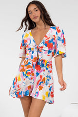 Hayleigh Playsuit - V-Neck Playsuit with Tie at Bust and Flutter Sleeves in Isadora Print
