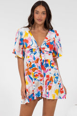 Hayleigh Playsuit - V-Neck Playsuit with Tie at Bust and Flutter Sleeves in Isadora Print