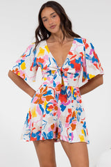 Hayleigh Playsuit - V-Neck Playsuit with Tie at Bust and Flutter Sleeves in Isadora Print