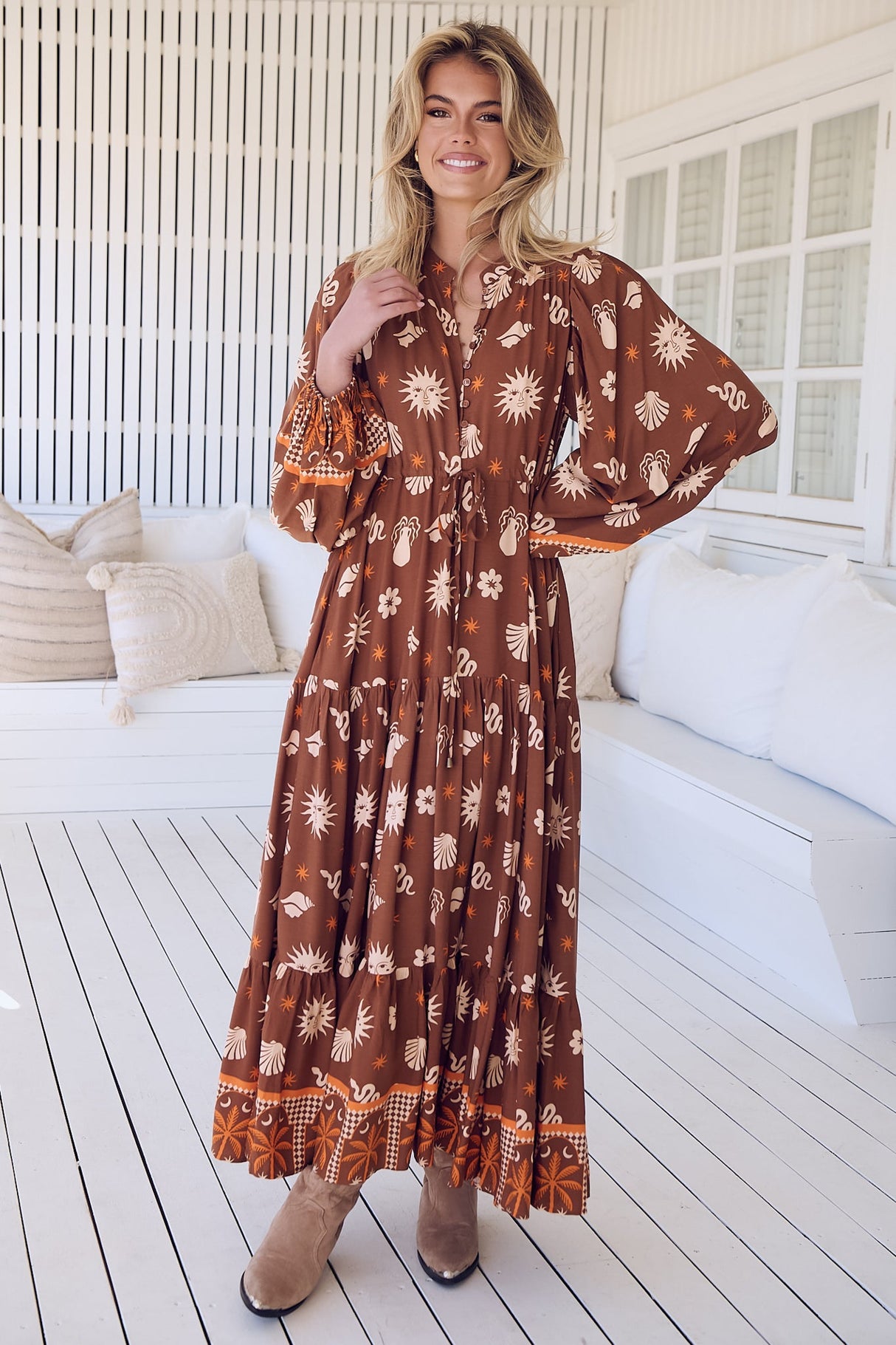 JAASE - Hayley Maxi Dress: Mandarin Collar Tie at Waist Dress in De La Soul Print