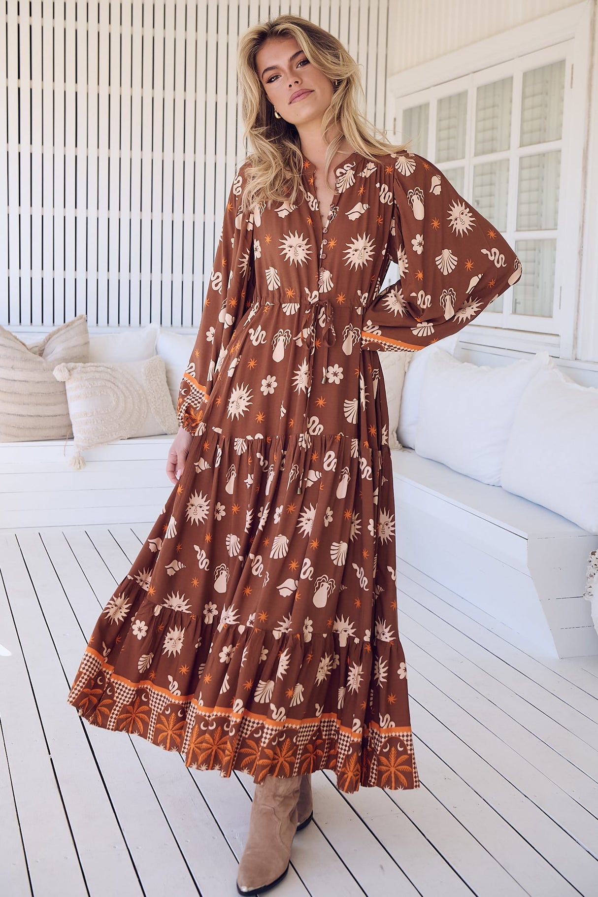 JAASE - Hayley Maxi Dress: Mandarin Collar Tie at Waist Dress in De La Soul Print