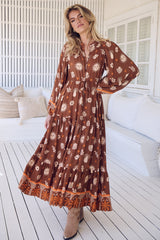 JAASE - Hayley Maxi Dress: Mandarin Collar Tie at Waist Dress in De La Soul Print