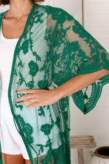 Haylo Kimono - Floral Lace Kimono with Scallop Hemline in Emerald