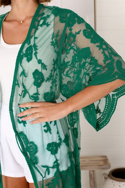 Haylo Kimono - Floral Lace Kimono with Scallop Hemline in Emerald