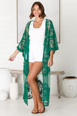 Haylo Kimono - Floral Lace Kimono with Scallop Hemline in Emerald